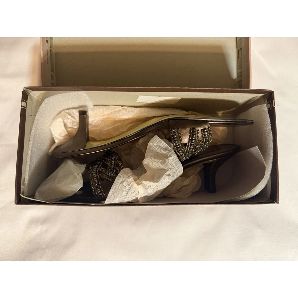 Bandolino Womens Bronze Beaded Slip‎ On Heels Open Toe & Back Size 8.5M